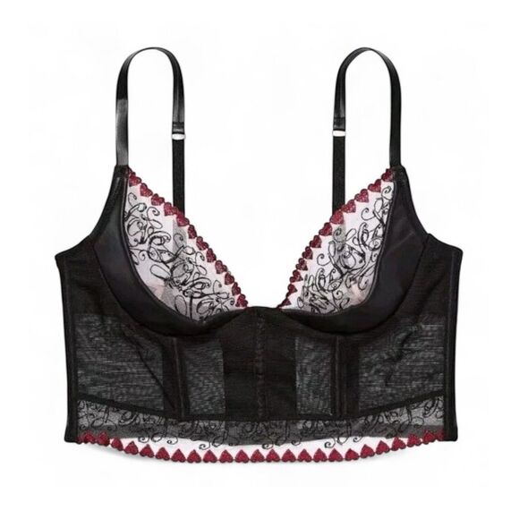 Victoria Secret Bra Longline Vegan Leather & Lace Love Embroidered Underwire 36C - Picture 1 of 6